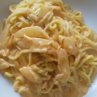 焼そば麺で？キムチクリームパスタ?!